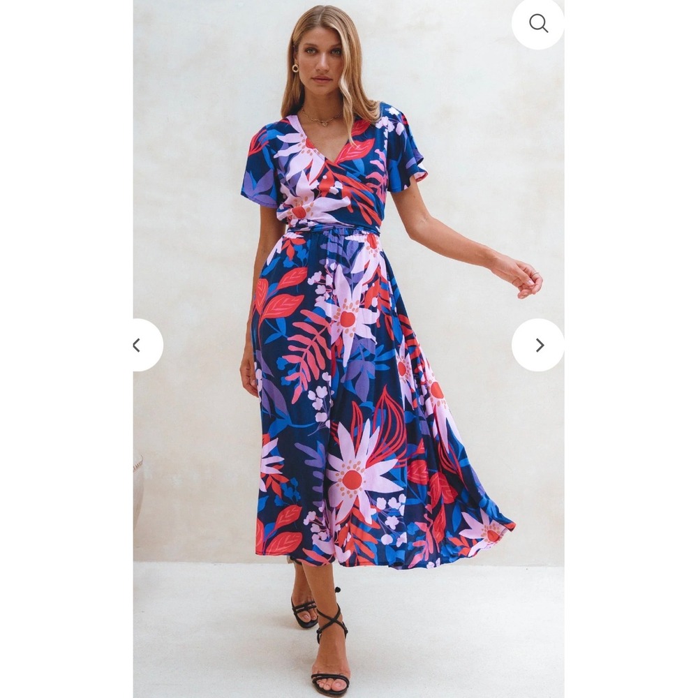 Bali Elf Samara Made by Hand Blue Floral Maxi Dress Flutter Boho New Medium